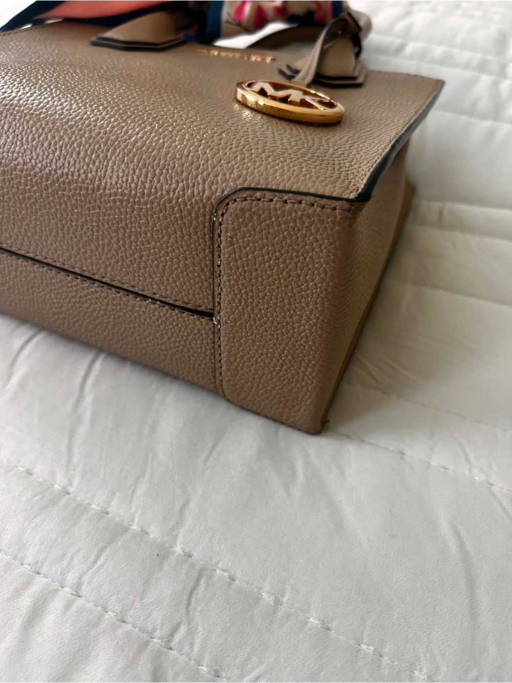 Michael Kors Beige Pebbled Leather Satchel with Gold MK Charm